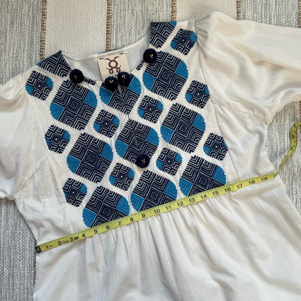 Figue Lucie White Blue Embroidered Pom Pom Long Balloon Sleeves Boho Mini Dress - Picture 10 of 13